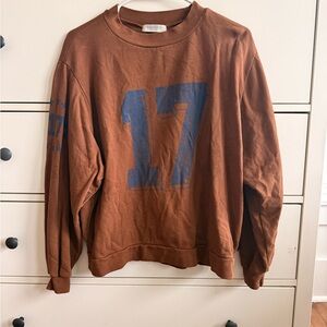 Free People Brown Crewneck Sweater with Blue Graphic